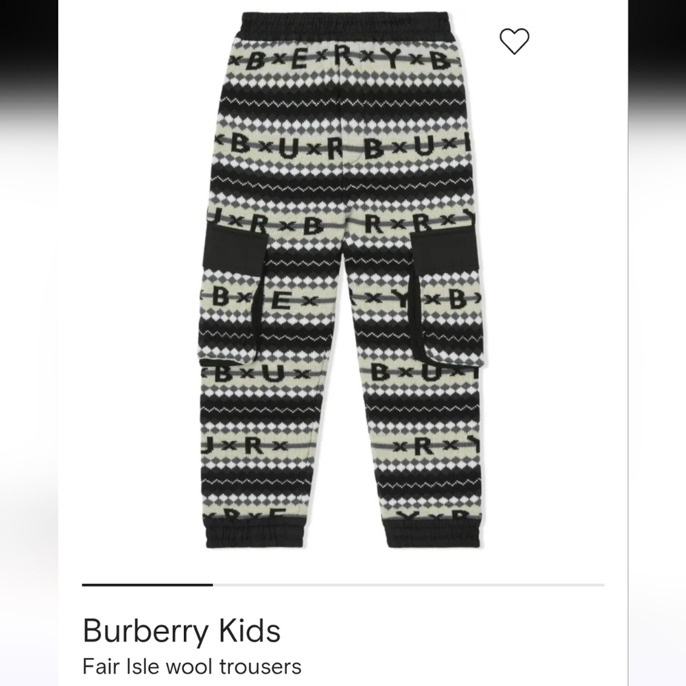 Burberry Kids Fair Island Patterned Wool Joggers 12Y Black White Gray NWT